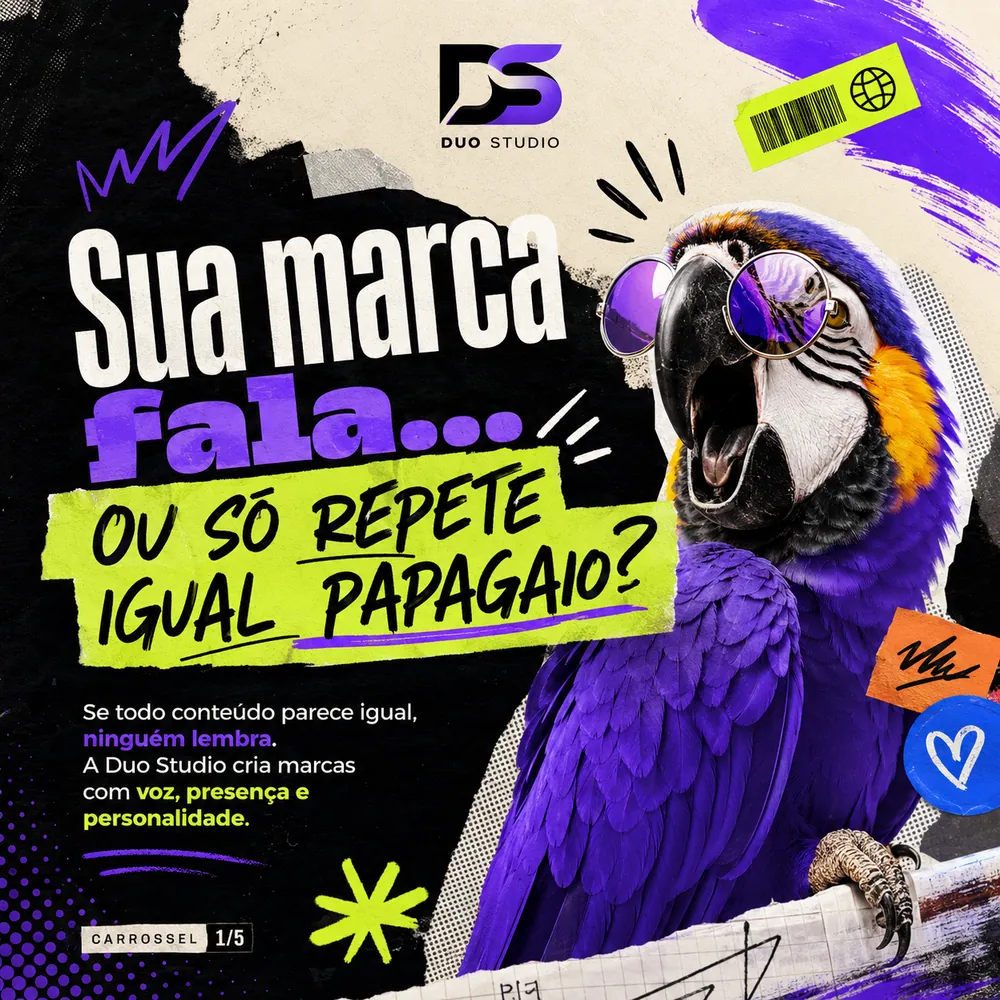 Arte da Duo Studio — Sua marca fala... ou só repete igual papagaio?