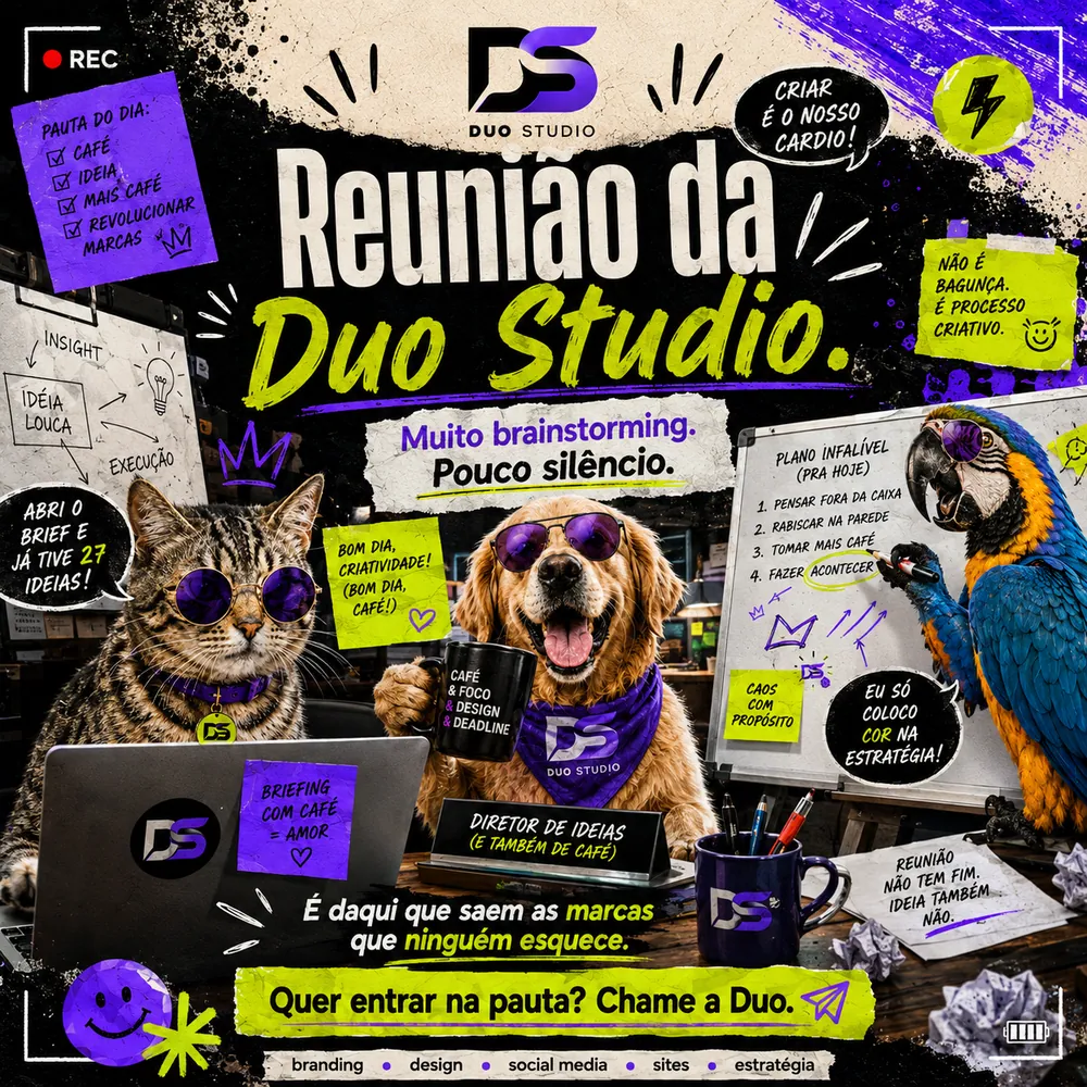 Arte da Duo Studio — Reunião da Duo Studio: muito brainstorming, pouco silêncio.