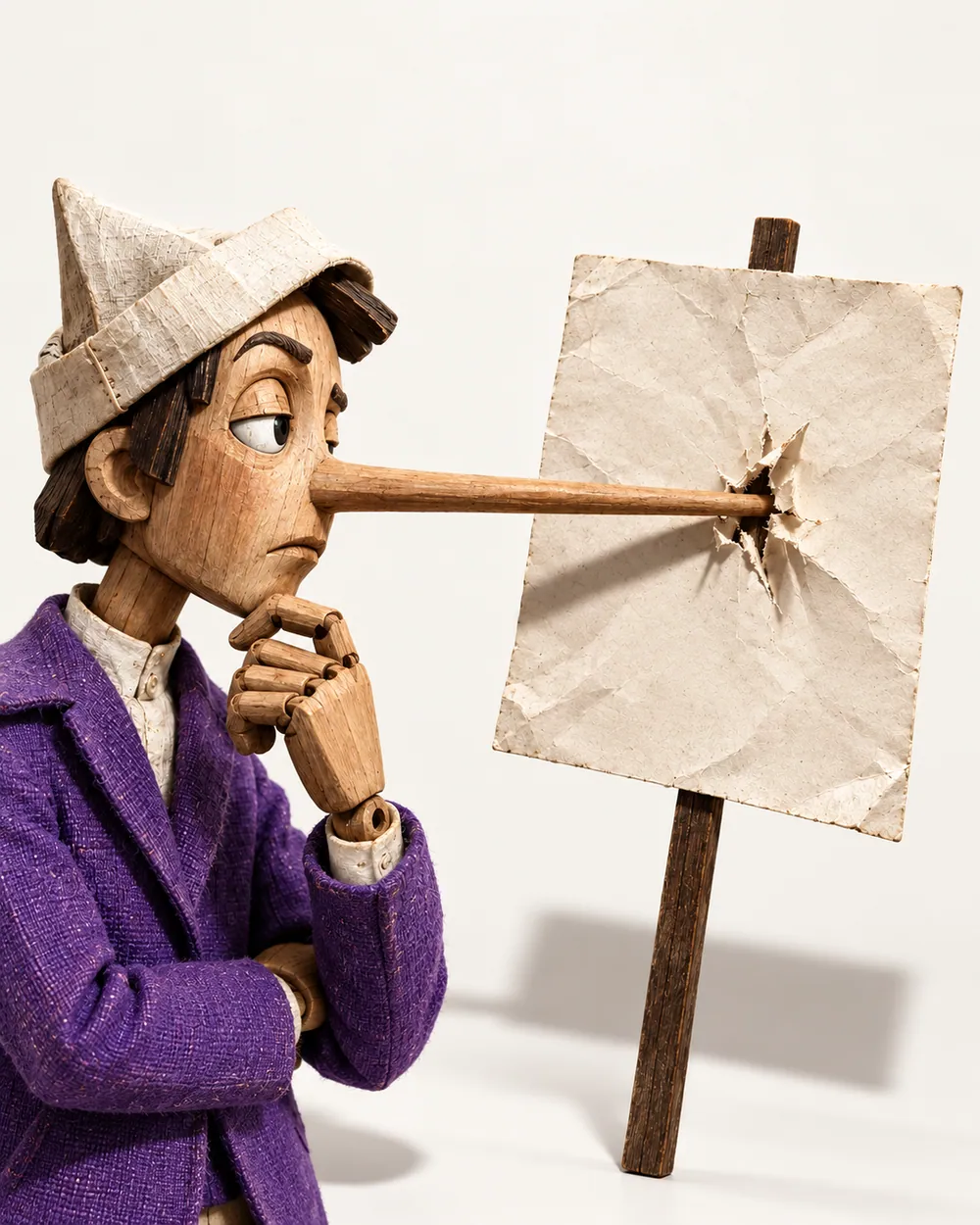 Boneco de madeira estilo Pinóquio, de chapéu de papel e casaco roxo, com o nariz enorme furando uma placa de papel em branco.