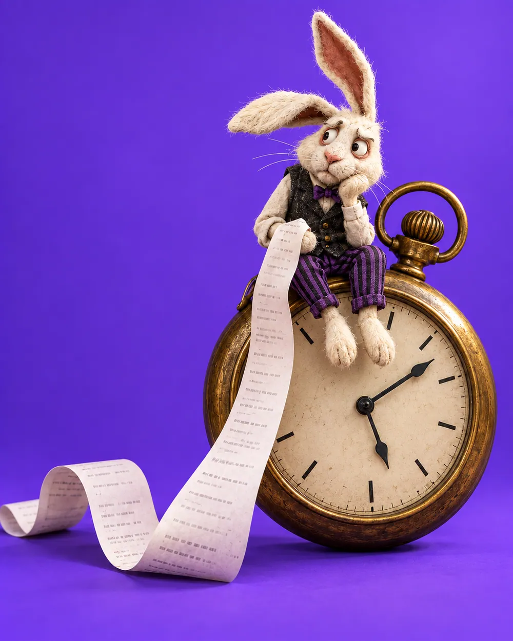 Coelho de pelúcia de colete e gravata-borboleta sentado sobre um relógio de bolso gigante, com um recibo comprido no chão, sobre fundo roxo.