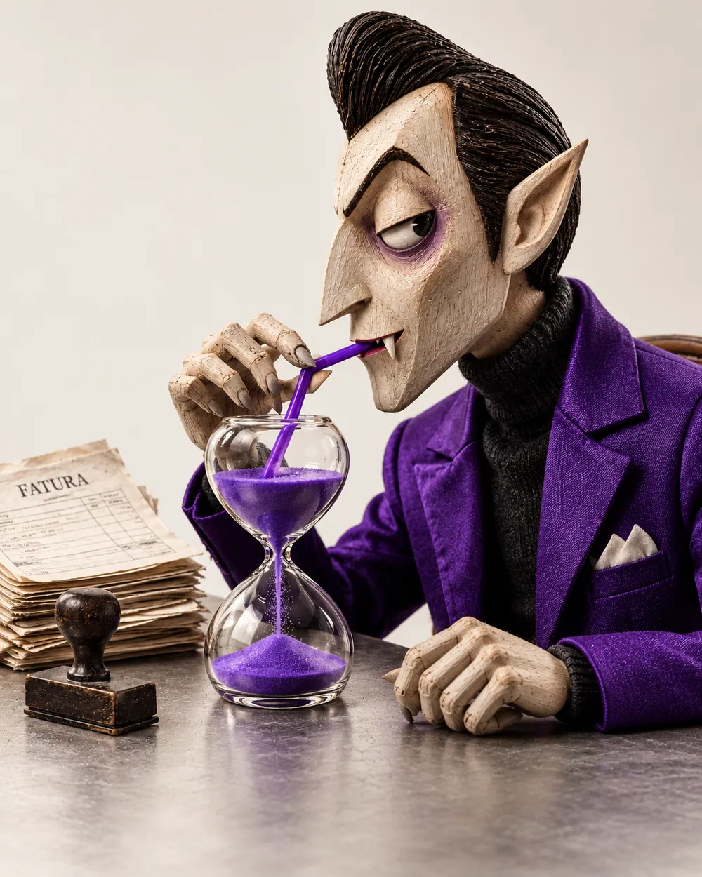 Vampiro de casaco roxo bebendo areia de uma ampulheta com um canudo, ao lado de uma pilha de faturas e de um carimbo.