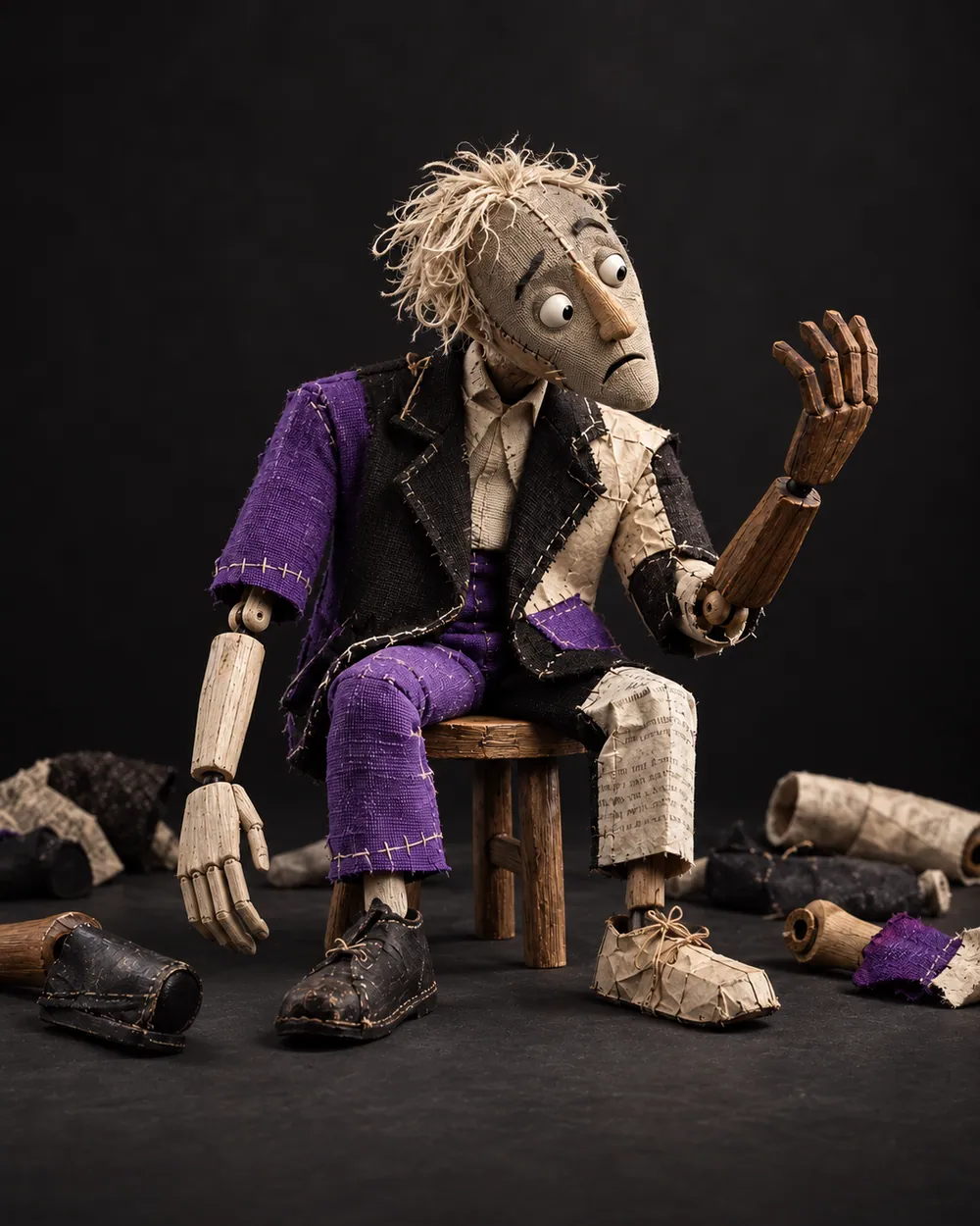 Boneco remendado de retalhos roxos, pretos e de papel, sentado num banquinho entre pedaços soltos, com expressão cansada.