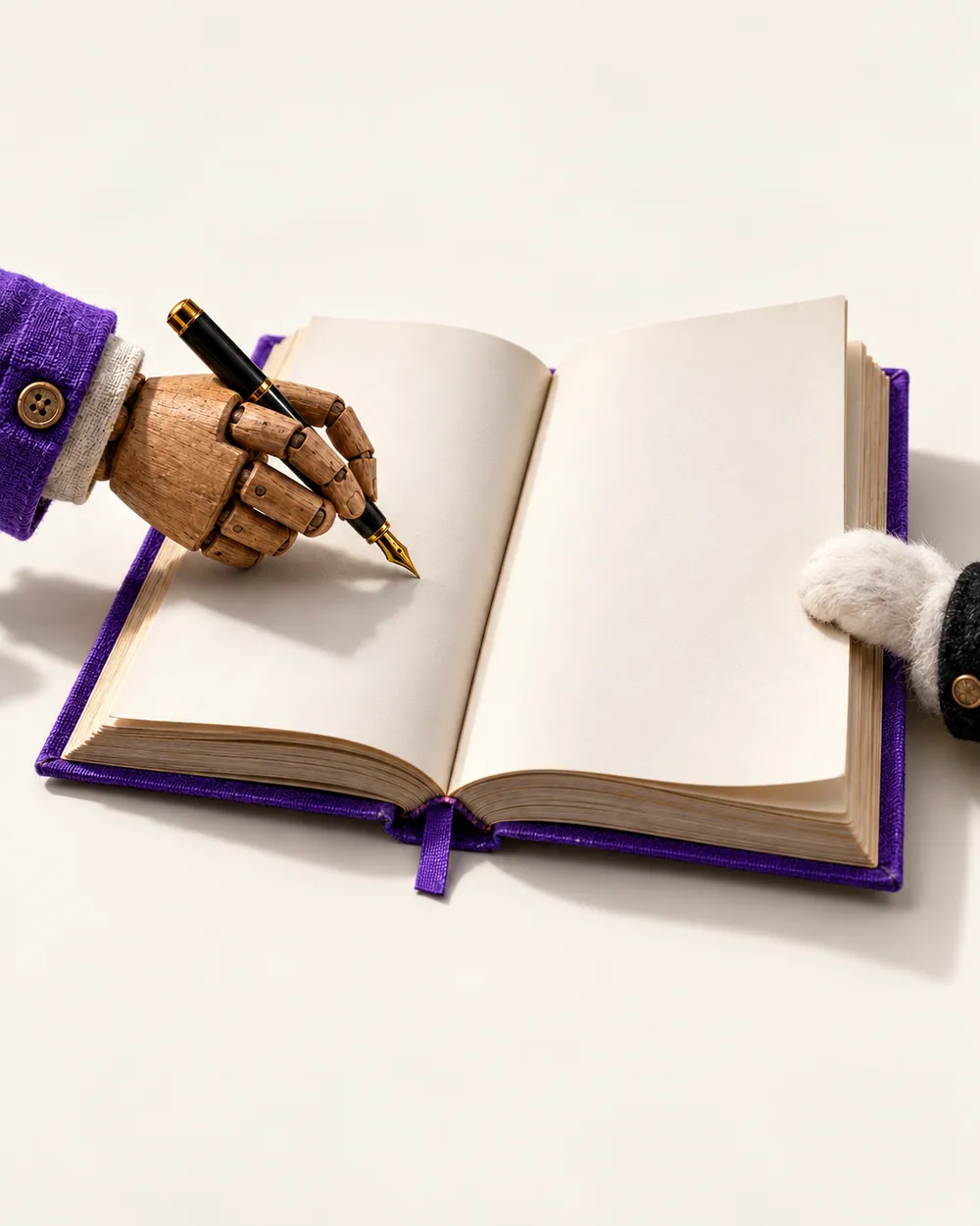 Mão de madeira de manga roxa escrevendo com uma caneta-tinteiro num livro aberto e em branco.